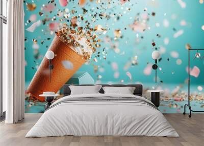 An orange cup is dramatically tilted as vibrant confetti explodes around it, set against a vivid teal background, capturing a sense of celebration and joy, alive with motion. Wall mural