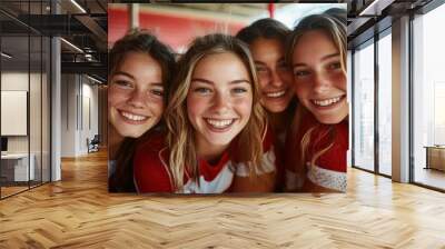 Group of smiling young girls wearing red and white sports jerseys, posing cheerfully in a stadium, capturing the spirit of youth, teamwork, and camaraderie. Wall mural