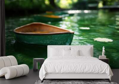 Quiet pond surrounded by forest with green vintage wooden boats, calmly resting and blending into the lush environment, creating a tranquil and nostalgic ambiance. Wall mural