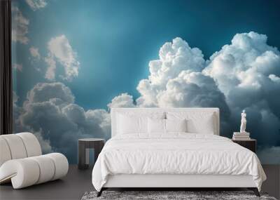 Stunning collection of fluffy white clouds set against a vibrant blue sky, capturing the vastness and beauty of nature, perfect for weather related or abstract artistic use. Wall mural