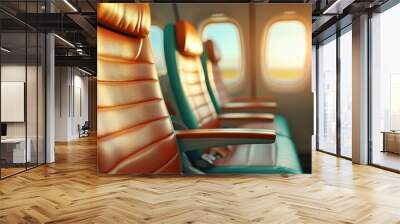 Sunlight streams across airplane seats with modern design, offering a comfortable and serene atmosphere, capturing the essence of travel and exploration. Wall mural