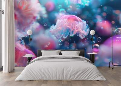 This image captures jellyfish in a dreamlike underwater environment, surrounded by pastel-colored bubbles that amplify the ethereal and surreal atmosphere. Wall mural