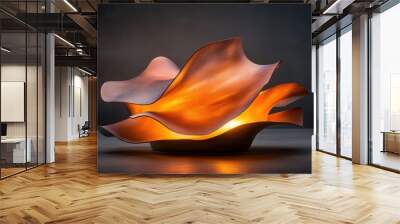 This image showcases an abstract sculpture with swirling, flowing shapes in warm orange and red hues, evoking a sense of warmth and creativity. Wall mural