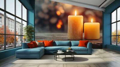 Two candles burn gently on a rustic wooden surface, with a soft focus on the natural textures and a hint of glowing warmth from a nearby firewood stack. Wall mural