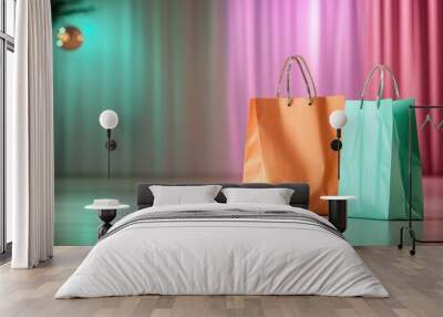 Two colorful shopping bags stand prominently against a vibrant, multicolored backdrop, symbolizing modern retail and consumer excitement in an artistic style setting. Wall mural