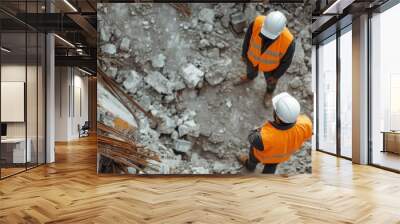 Two construction workers wearing orange safety vests and white helmets stand amidst the rubble of a construction site, engaged in discussion. Ensuring safety and progress. Wall mural