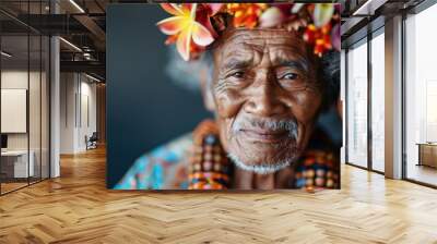 Two elderly individuals adorned with vibrant flower headpieces and necklaces, capturing a sense of tradition and cultural heritage in their smiling expressions. Wall mural