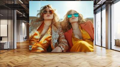 Two stylish women wearing sunglasses and glamorous attire relax under the sunny sky, capturing a moment of leisure and elegance. Wall mural