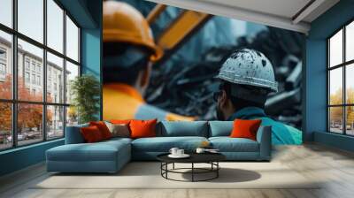 Two workers in safety gear, with helmets and protective clothing, are seen from behind as they face various machinery and rubble at a construction site, surrounded by debris. Wall mural