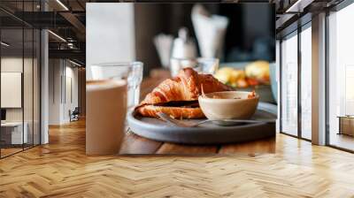 breakfast with eggs and coffee and croissant Wall mural