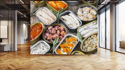 Assortment of cans of canned with different types of fish and seafood, Wall mural