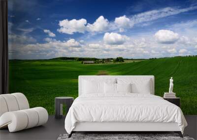 classic rural landscape. Green field against blue sky Wall mural