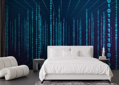 Binay data 0 and 1 matrix code chains tunnel background illustration. hi tech style digital number computer technology. Wall mural