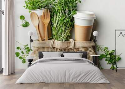 a bag with plants and coffee cups Wall mural