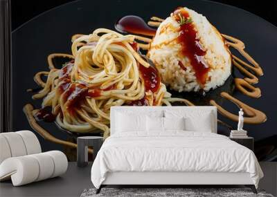 A delicious and mouth-watering plate of noodles and rice Wall mural