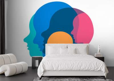 Concept illustration representing  different personalities. Heads of various colors overlapping creating multi exposure effect.  Wall mural