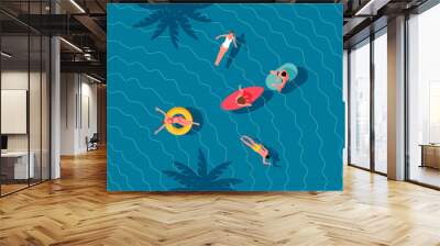 Group of young people swimming in a pool, sea. Aerial view. Flat design illustration. Wall mural