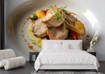 potato puree, accompanied by vibrant baked vegetables with pork medallions Wall mural