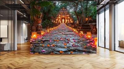 A beautiful path is lit with candles and adorned with flowers, leading to a temple. The candles are lit in various sizes and colors, creating a warm and inviting atmosphere Wall mural