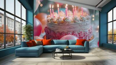 A birthday cake with pink frosting and pink balloons Wall mural