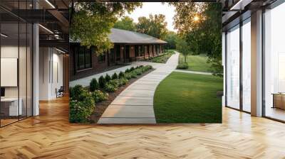 A brick building with a green lawn and a path leading to it. The building has a lot of windows and a large sun shining on it Wall mural