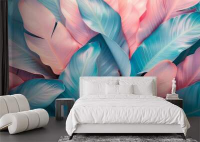 A bunch of pink and blue leaves are arranged in a way that creates a colorful Wall mural