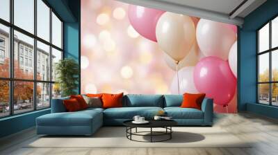 A bunch of pink and white balloons are floating in the air. The balloons are arranged in a way that creates a sense of celebration and joy Wall mural