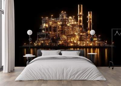 A glowing oil refinery at night, illuminated by bright lights reflecting in the water, showcasing industrial architecture and energy production. Wall mural