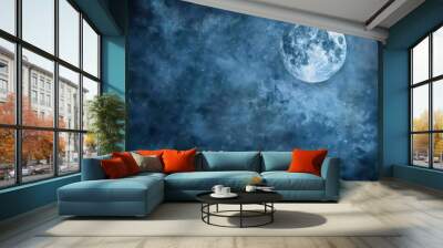 A large blue moon is shining in the night sky. The sky is filled with stars and the moon is the brightest object in the scene Wall mural