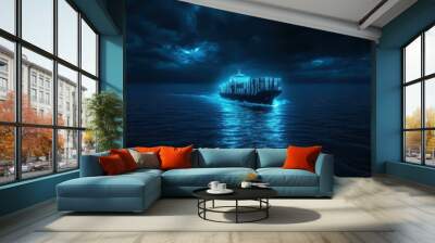 A large ship is sailing in the dark ocean. The sky is cloudy and the water is calm Wall mural