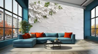 A white background with a white flowery border. The flowers are made of paper and are arranged in a way that they look like they are growing out of the wall Wall mural