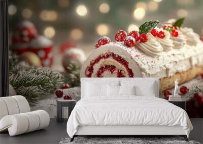 A white cake with red frosting and berries on top. The cake is decorated with a red ribbon and is surrounded by pine needles and berries Wall mural