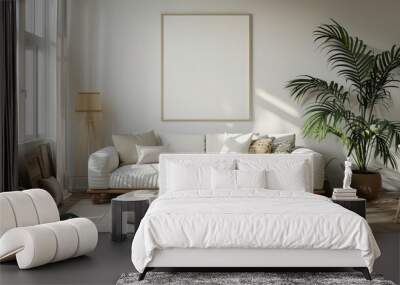 A white couch sits in a living room with a large picture frame on the wall Wall mural