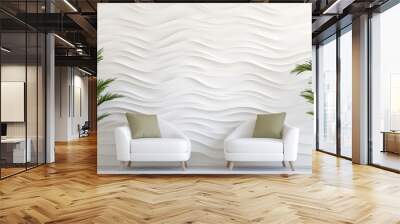 A white wall with a wavy design and two white chairs with green pillows. There are two potted plants in the room, one on the left and one on the right. The room has a modern and minimalist feel Wall mural