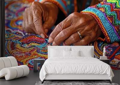 A woman is sitting at a table with a colorful design on it. She is working on a piece of fabric with her hands Wall mural