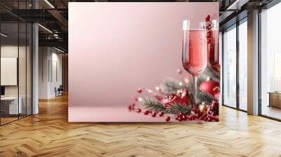 Two glasses of pink champagne are on a table with red berries and pine needles. The image conveys a festive and celebratory mood, as the champagne and berries are often associated with holidays Wall mural