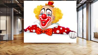 Clown sorridente con vestito a pois e cartello bianco Wall mural