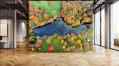 Aerial photo in autumn showing the beautiful autumn fall colours of a park in Leeds known as Roundhay Park in West Yorkshire UK, showing a typical British park and woods along side a lake. Wall mural