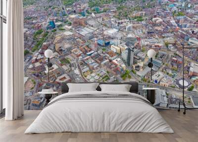 Aerial photo of the city centre of Sheffield in South Yorkshire in the UK showing Sheffield Hallam University & city centre from above on a sunny summers day. Wall mural