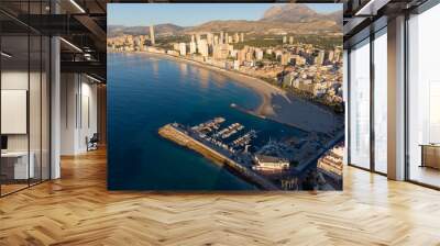 Aerial photo taken in Benidorm in Spain Alicante, showing the beautiful beach of Playa Levante and hotels, buildings, and high rise skyline cityscape. Wall mural