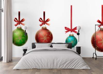 A collection of mixed colour Christmas baubles hanging from red ribbon and bow with snowflake glitter patterns on them isolated against a transparent background. Wall mural