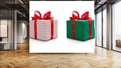 A collection of red, blue  and green gift wrapped Christmas, birthday or valentines presents with red ribbon bows isolated against a transparent background. Wall mural