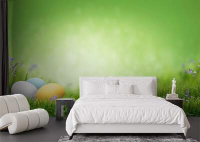 A fresh green spring Easter background with painted eggs on a green grass. Wall mural