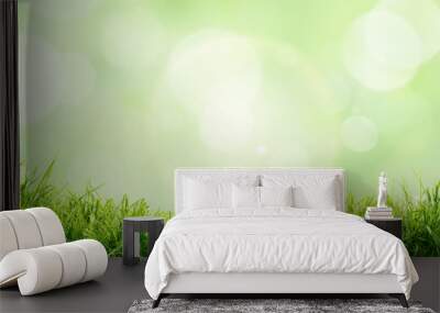 A fresh spring sunny garden background of green grass and blurred foliage bokeh. Wall mural