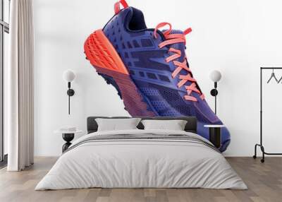 A front view of purple and orange trainers, sneakers Isolated on a flat background. Wall mural