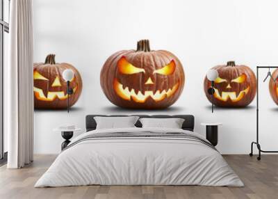 a group of eight lit spooky halloween pumpkins, jack o lantern with evil face and eyes isolated agai Wall mural