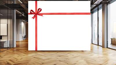 A large red ribbon bow on the left of a long straight piece of ribbon and a vertical piece to be used as a border for a birthday or Christmas banner, border isolated against a transparent background Wall mural