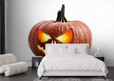 A single lit spooky halloween carved pumpkin, Jack O Lantern with evil face and eyes isolated against a transparent background looking to the left. Wall mural