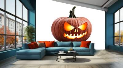 A single lit spooky halloween carved pumpkin, Jack O Lantern with evil face and eyes isolated against a transparent background looking to the right. Wall mural