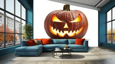 a single lit spooky halloween pumpkins, jack o lantern with evil face and eyes isolated against a tr Wall mural